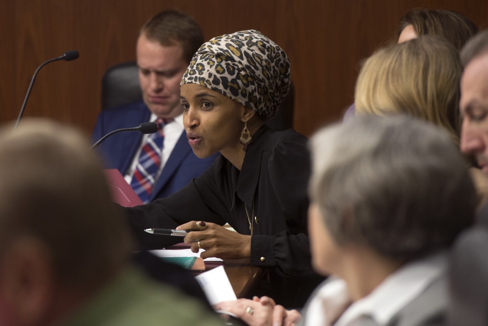 Rep. Ilhan Omar, DFL-Minneapolis, questions University administrators about student debt and the Universitys medical school at the State Office Building on Tuesday, Jan. 24, 2017.