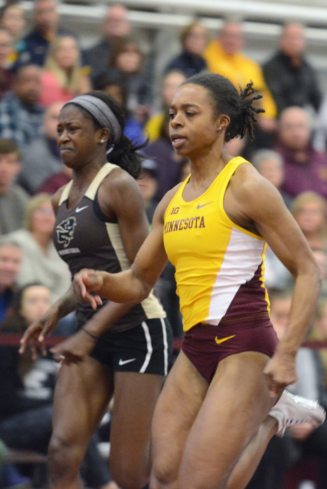 Senior Tayler Whittler competes in the 60 meter dash on Saturday, Jan. 28 at the Field House. The Gophers competed against several other colleges at the Jack Johnson Classic Track Meet.