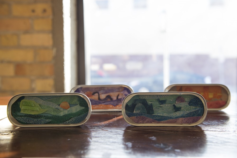 Herring tins were used to represent Lake Calhoun, Minnetonka, Nokomis and Harriet for the Grown-Up Clubs Tryorama on Sunday, Jan. 29, 2017 at Sisyphus Brewing. 