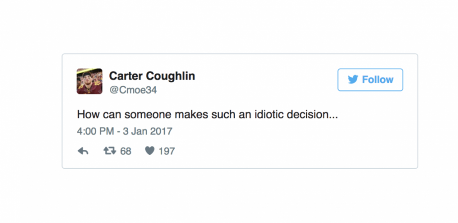 Freshman linebacker Carter Coughlin took to Twitter Tuesday to react to the announcement of Tracy Claeys termination.