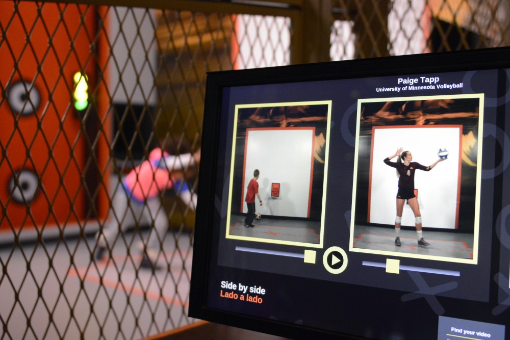 The Sportsology exhibit at the Science Museum of Minnesota in St. Paul lets kids compare a video of their sports skills side-by-side with professional or collegiate athletes like Gophers volleyball player Paige Tapp on Friday, Jan. 27, 2017.