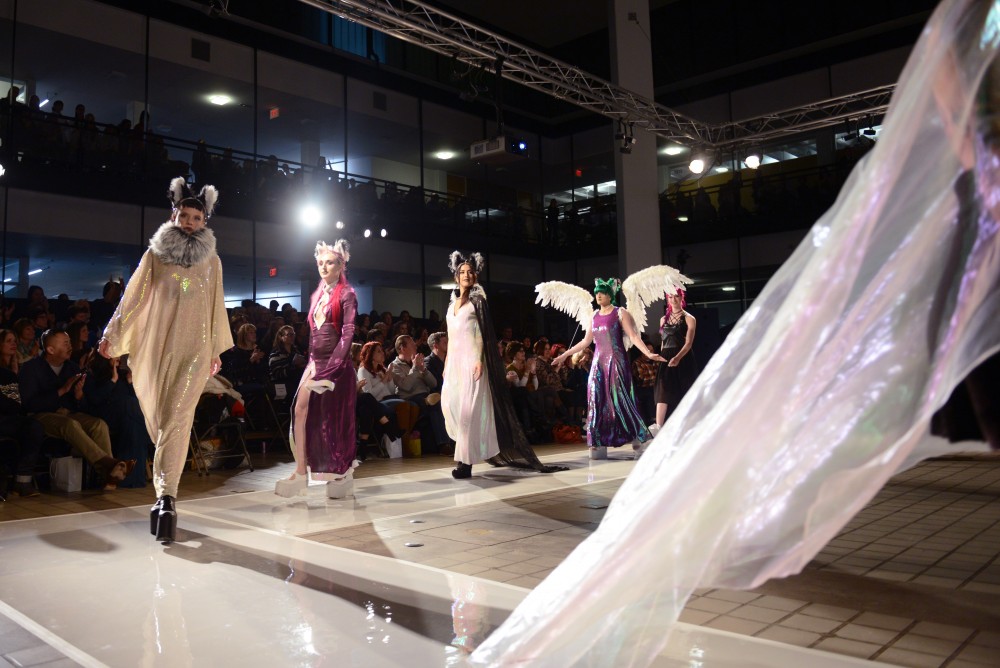 Sarah Mirman and models walk onto the runway in Rapson Hall on Saturday. The Ethereal Collection focuses on unique fabrics and high-class cosplay. Each dress in the collection is its own original red-carpet look for costume enthusiasts and celebrities alike.