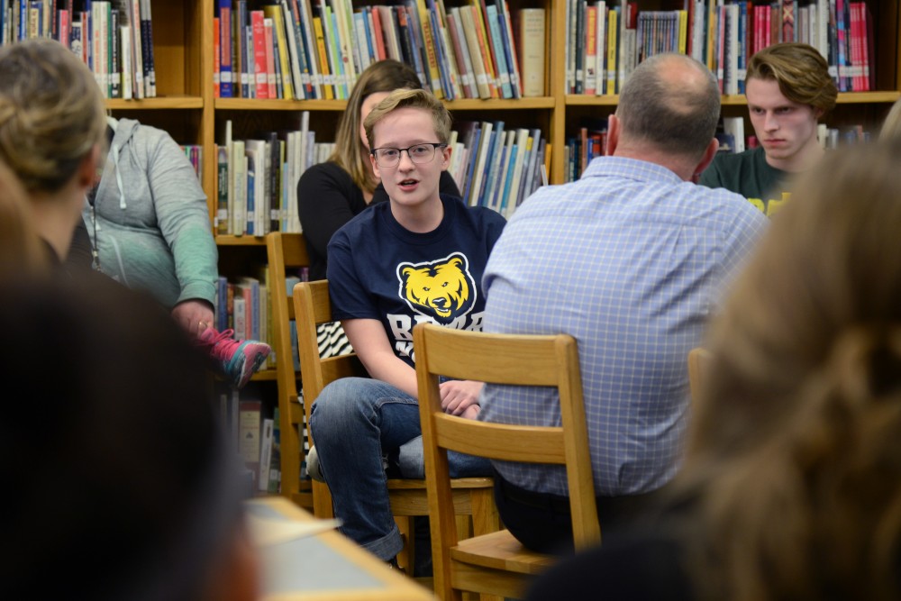 Tartan High School Genders Sexuality Alliance member Gabe Marcotte speaks during Skyview Middle Schools meeting with UMN social studies education associate professor J.B. Mayo at Tartan High School on Wednesday, Feb. 15, 2017. The meeting educated teachers how to use language properly when speaking about gender and sexuality. 