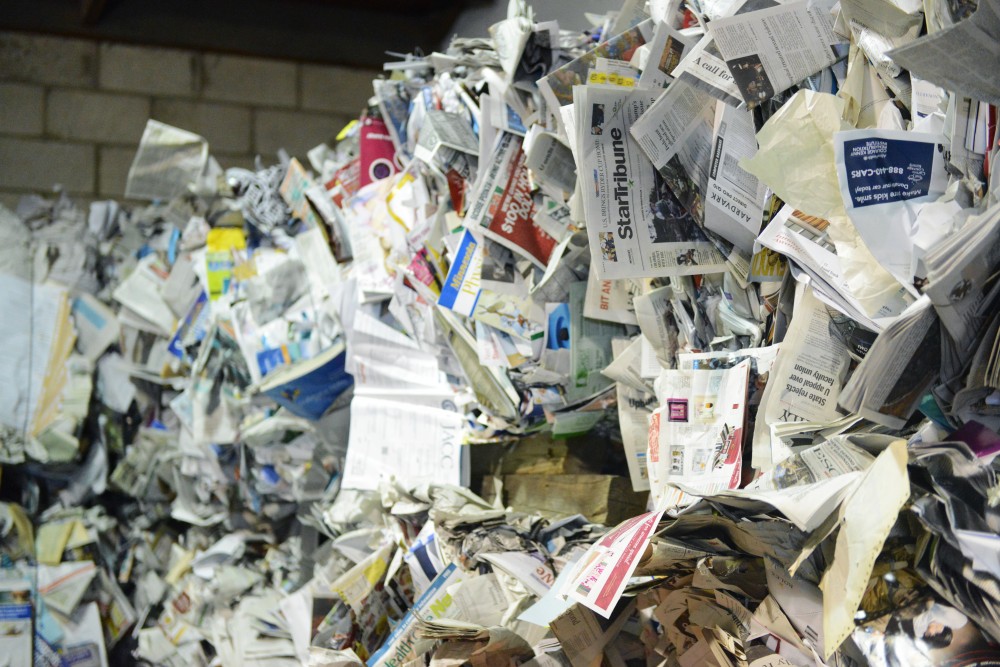 Bales of newsprint at the Como Recycling Facility. The center often sells the newsprint to Insolution, which uses it for its home insulation products.