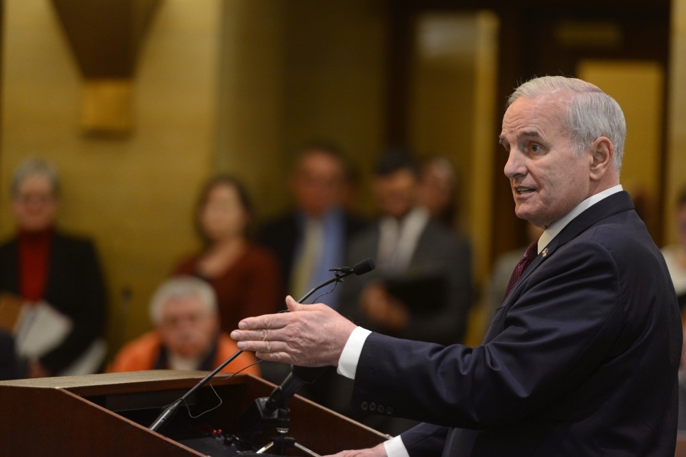 Governor Mark Dayton answers questions during a press conference about Minnesotas budget at the Capitol in St. Paul on Tuesday, Feb. 28, 2017.