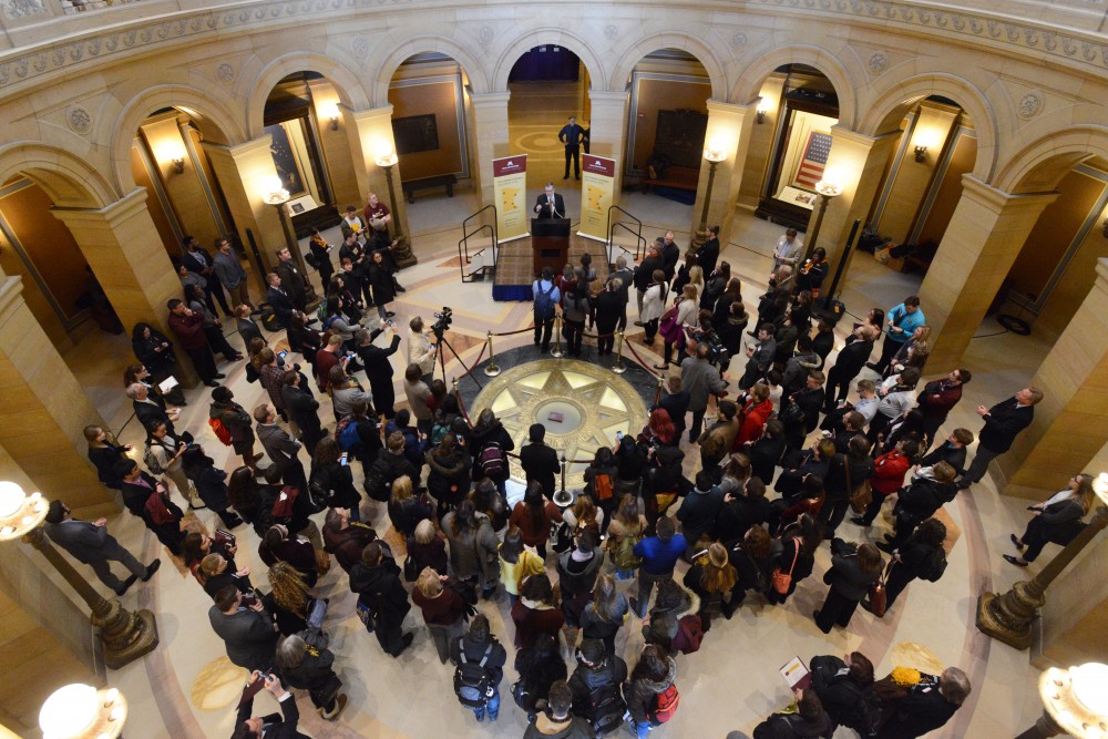 University President Eric Kaler speaks to a crowd of students during Support the U Day at the Minnesota Capitol on Wednesday, March 1, 2017. 