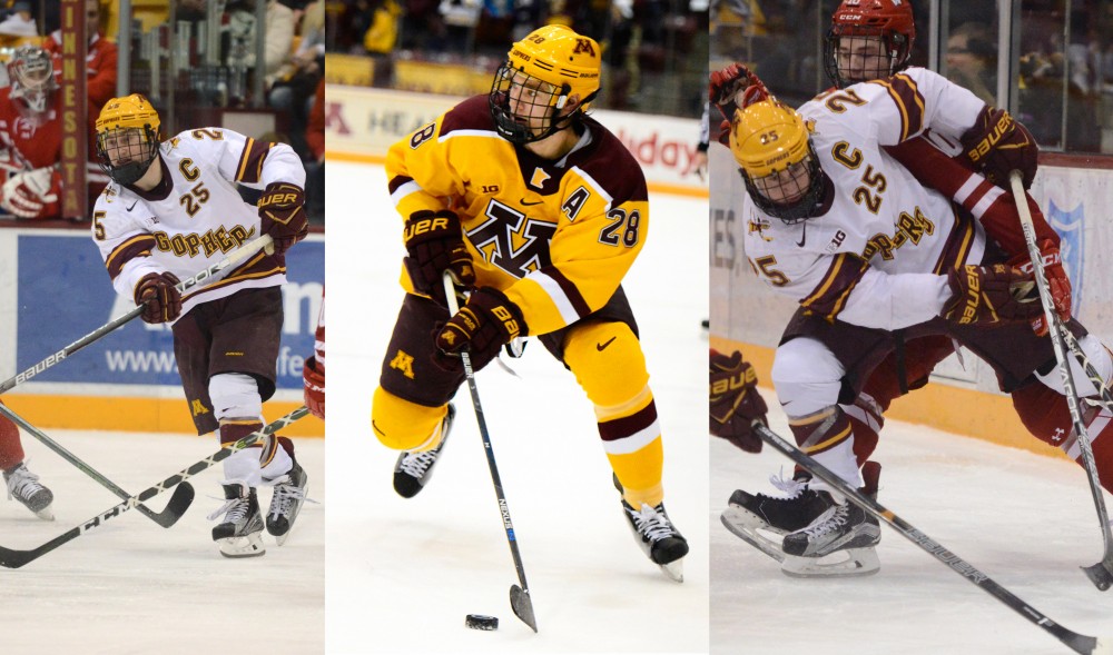 Justin Kloos, Jake Bischoff and Tyler Sheehy play at Mariucci Arena. 