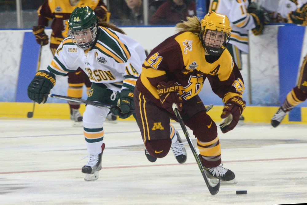 Senior forward Dani Cameranesi handles the puck on Friday, Mar. 17, 2017 in St. Charles, Missouri at the Family Arena. The Gophers lost 4-3 against Clarkson University Golden Knights.