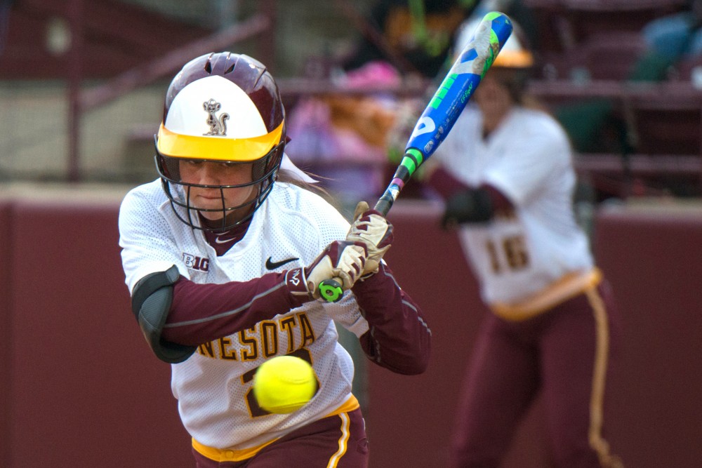 Gophers infielder Danielle Parlich prepares to hit the ball Tuesday during the Border Battle Double-Header at Jane Sage Cowles Stadium on April 12, 2016.