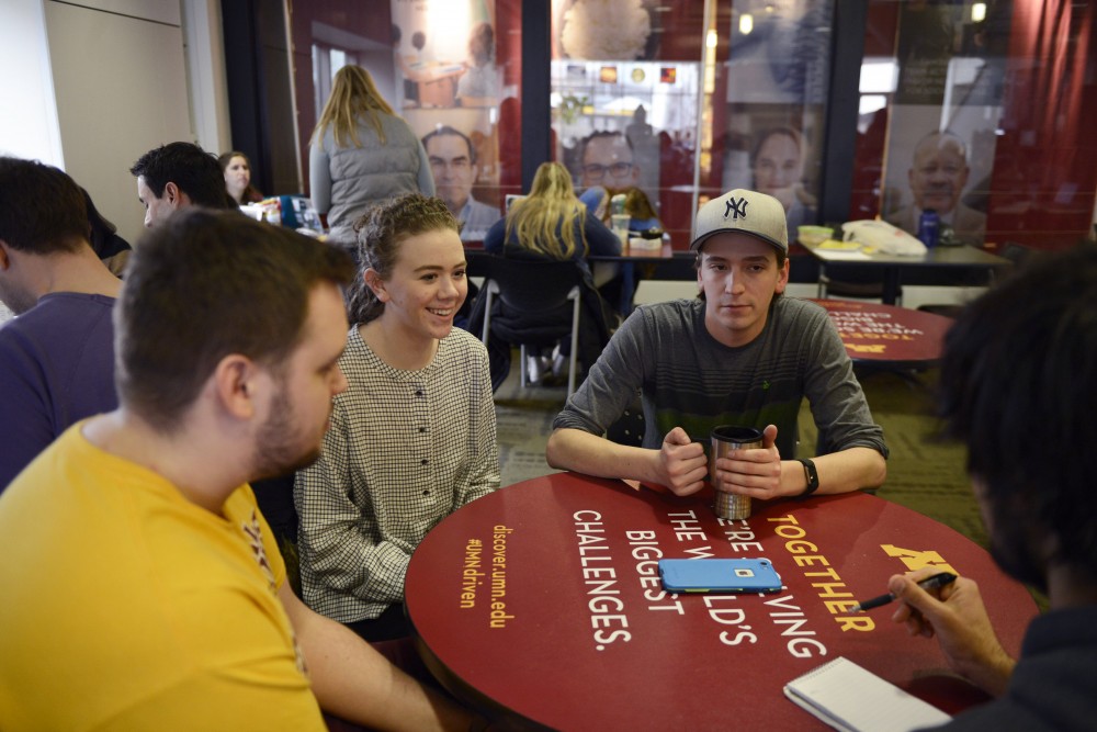 Wes Leksell, Katie Kaseno, and Hunter Welch, members of the University curling club, talk about recently wining an national champion Coffman Union on Eastbank on Friday, March 24, 2017. 