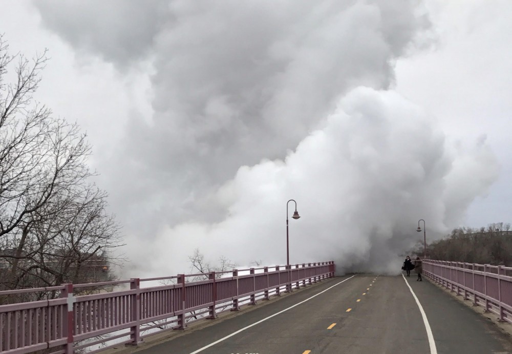Large plumes of steam rise over the Northern Pacific pedestrian bridge on Tuesday, Feb. 28, 2017. Passersby said the noise was deafening.