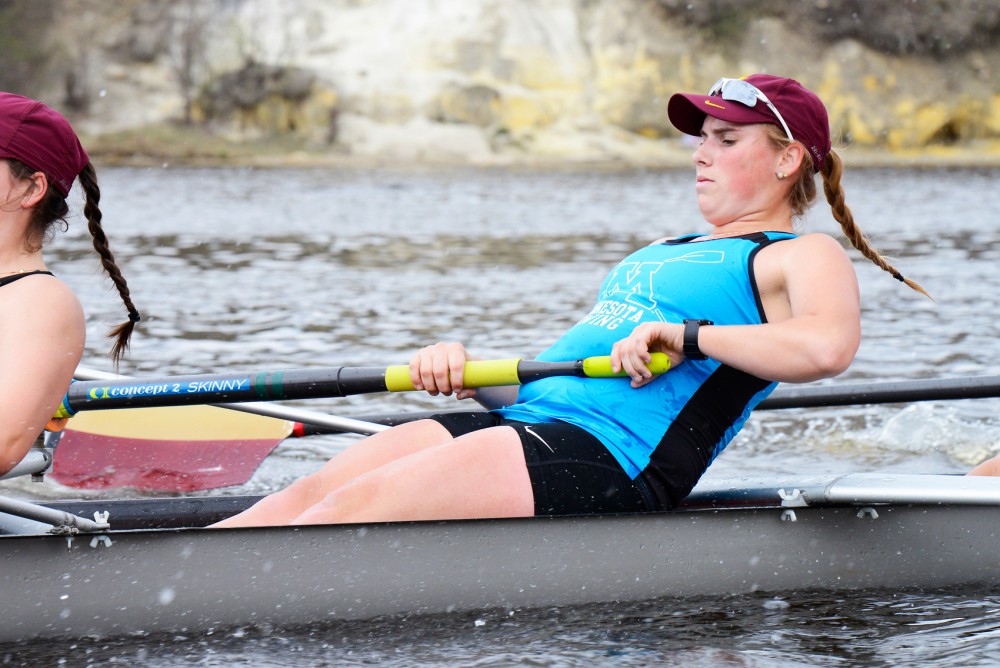 Junior Anna Greene rows during the Universitys team practice on the Mississippi River on April 18, 2016.