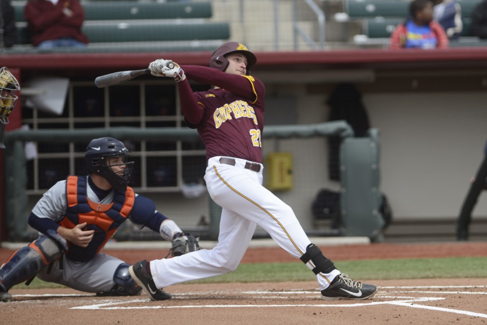 Junior Toby Hanson bats for the Gophers during their game against Illinois on Saturday, April 29, 2017 at Siebert Field. 