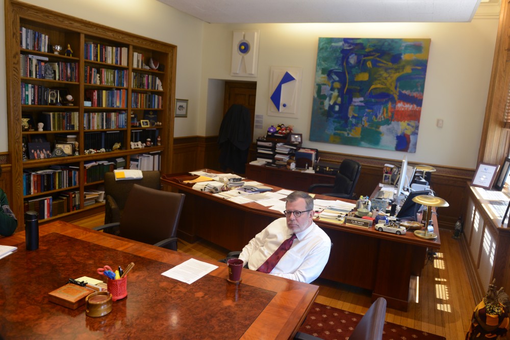 President Eric Kaler fields questions from the Minnesota Daily in his office in Morrill Hall on Friday, April 28, 2017.
