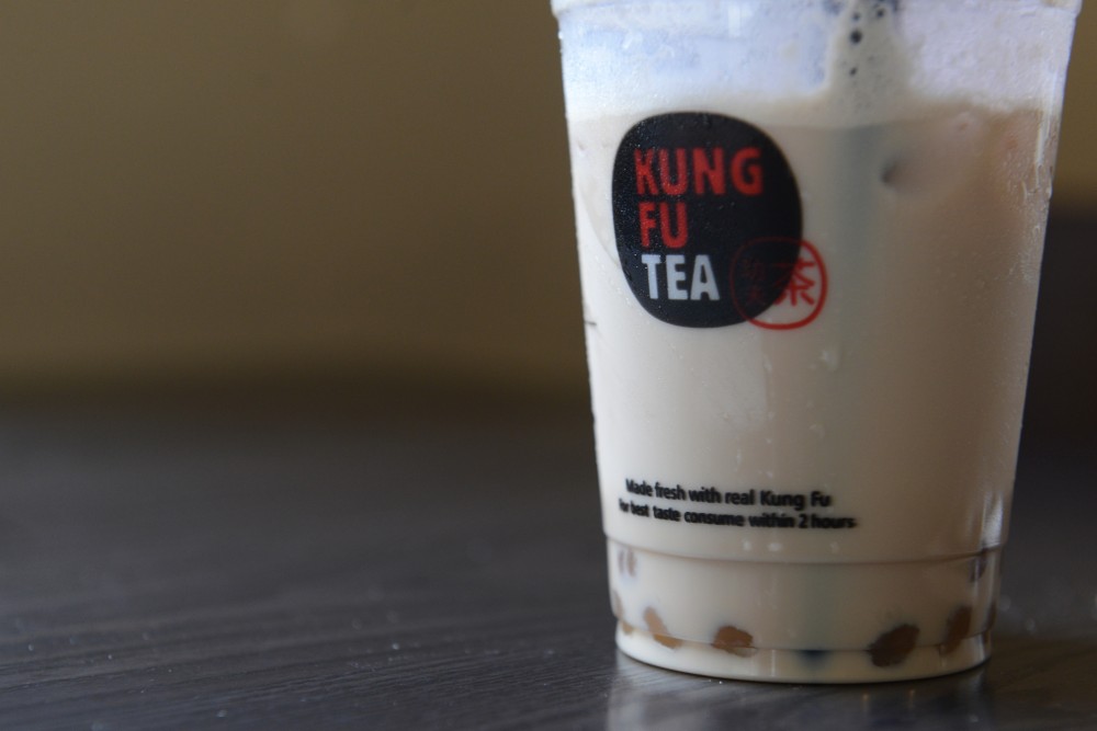 Milk tea with bubbles on Tuesday, May 30 from Kung Fu Tea sits on a table.