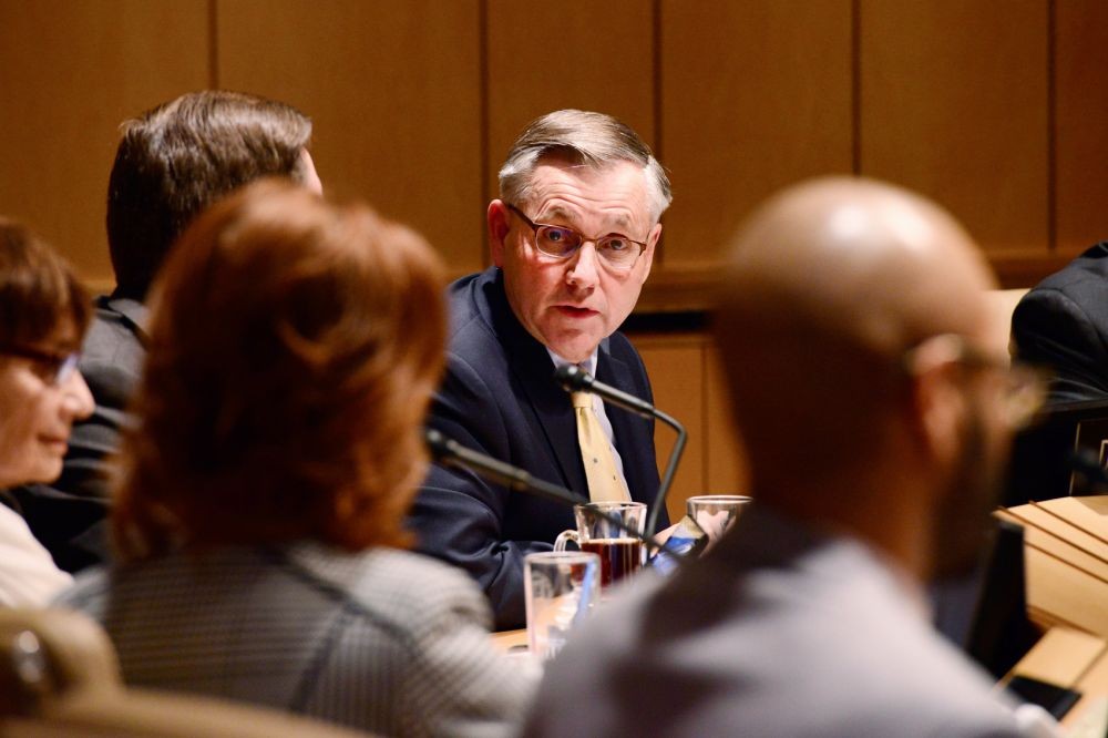 University Board of Regents Chair Dean Johnson addresses other board members in a Dec. 2015 meeting. Johnson announced the board would launch an official inquiry to find who on the board leaked information of a sexual harassment case to KSTP Wednesday evening. 
