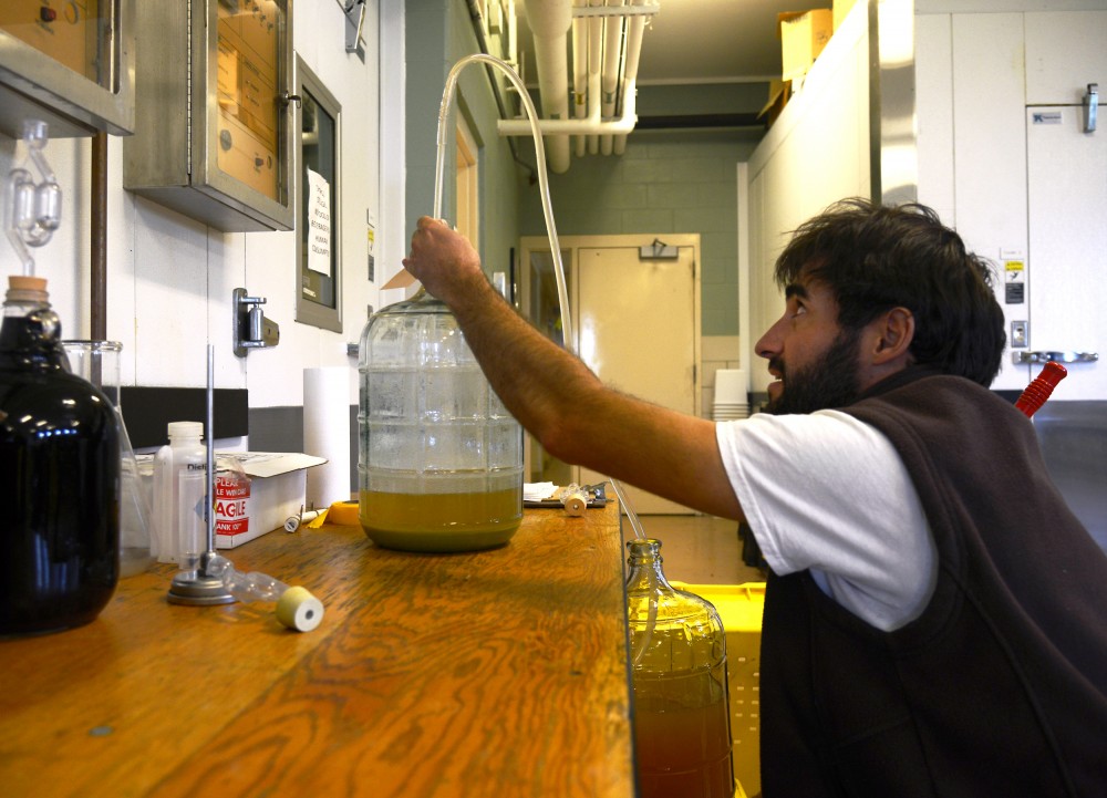 Mario Foncea, a former grape research assistant with the program, transfers recently-pressed grape juice from one bottle to another, Oct. 1.