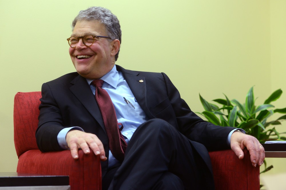 Senator Al Franken fields questions from the media on Friday, June 2 at the Ted Mann Theater on West Bank.