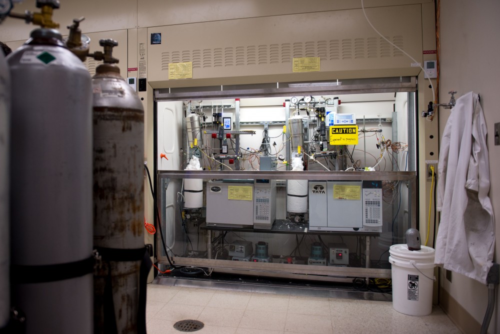 A flow reactor is shown that can be used to convert bio mass or organic waste to gas and other chemicals at Amundson Hall on Wednesday, June 14, 2017.?