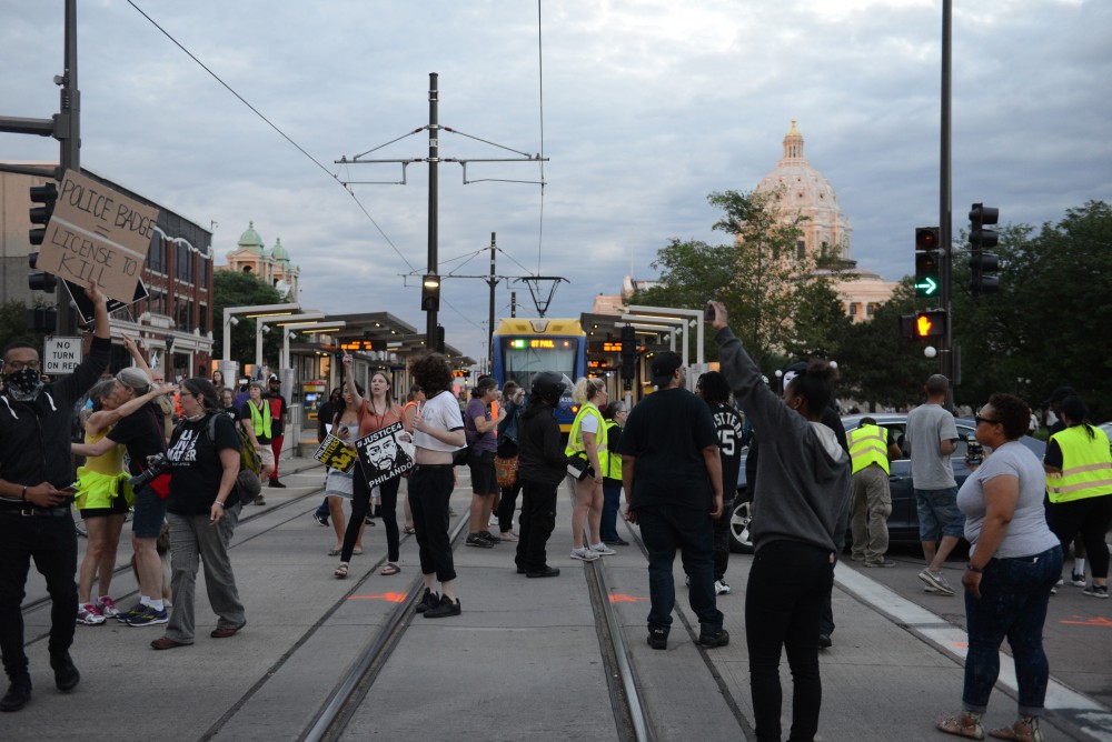 Protestors block light-rail tracks in St. Paul on Friday, June 16.