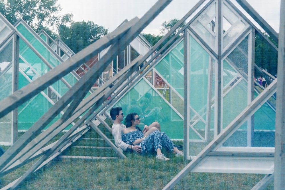 Festival-goers take a break from the music in a sculpture installation at Eaux Claires on Friday, June 16, 2017 in Wisconsin. Serra Victoria