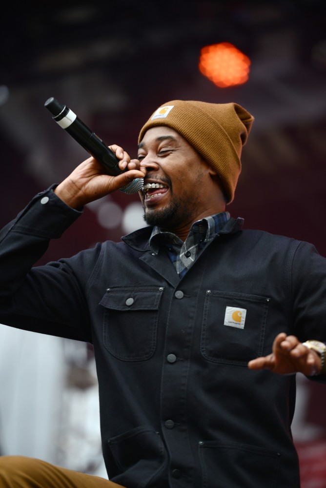 Danny Brown shows enthusiasm during his performance on Saturday, June 17, 2017 at Eaux Claires in Wisconsin.