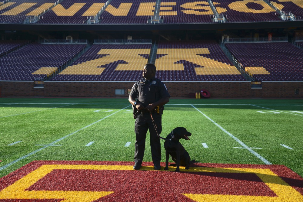 Officer Cunningham and police dog Gator walk out onto the field of TCF Bank Stadium on June 1, 2017. Gator is a specialized bomb dog that is focused on detecting bombs before events on campus. 