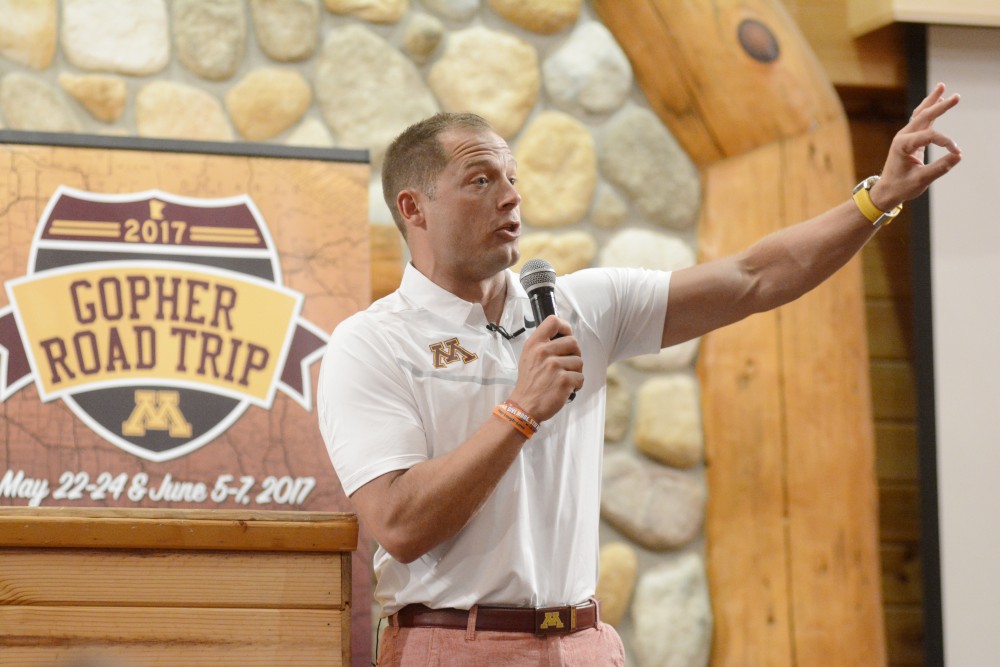 Head coach P.J. Fleck speaks at the Grands at Mulligans in Sartell, MN on Wednesday, Jun 7. Gophers Athletics staff traveled across the state of Minnesota and visited 15 locations.