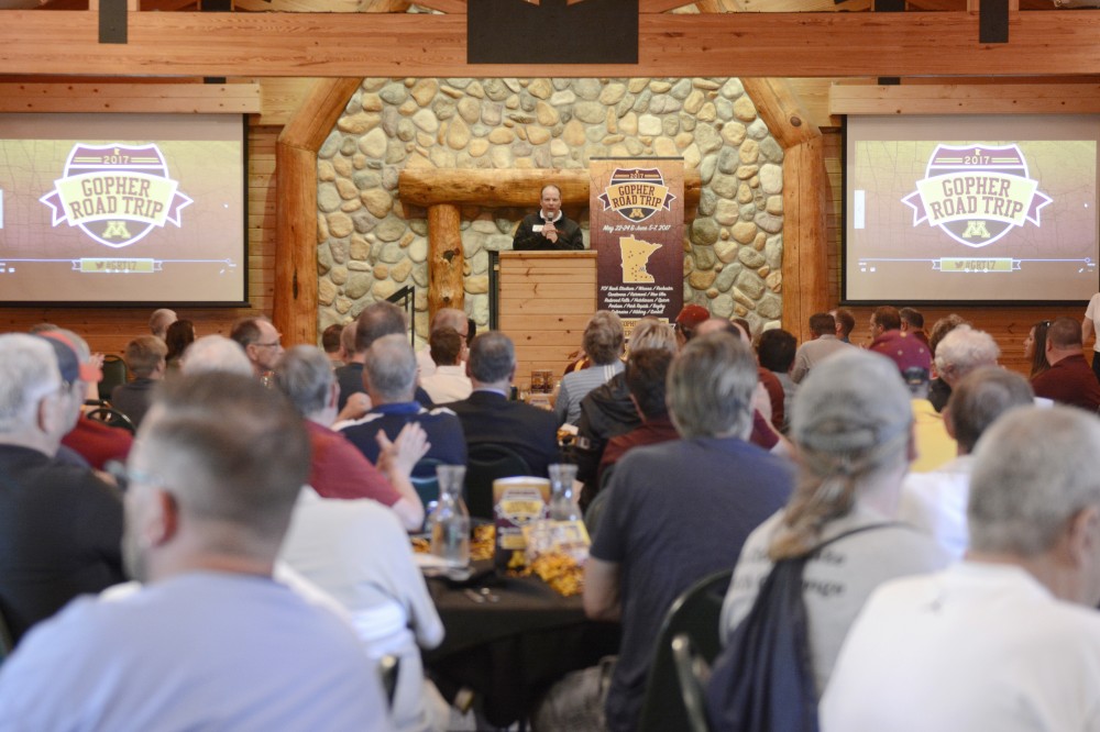 Emcee Mike Grimm speaks at the Grands at Mulligans in Sartell, MN on Wednesday, Jun 7. Gophers Athletics staff traveled across the state of Minnesota and visited 15 locations.
