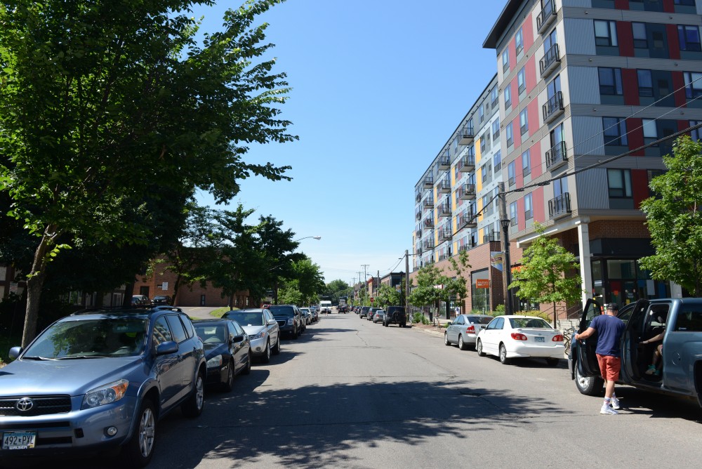 A mix of paid and free street parking is shown outside the Marshall apartment complex in Dinkytown on June 3.