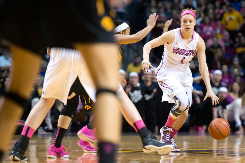 Minnesota guard Rachel Banham carries the ball at Williams Arena on Monday, Feb. 15. Banham recently signed to play with the Bendigo Spirit in Australia as a part of the WNBL. 