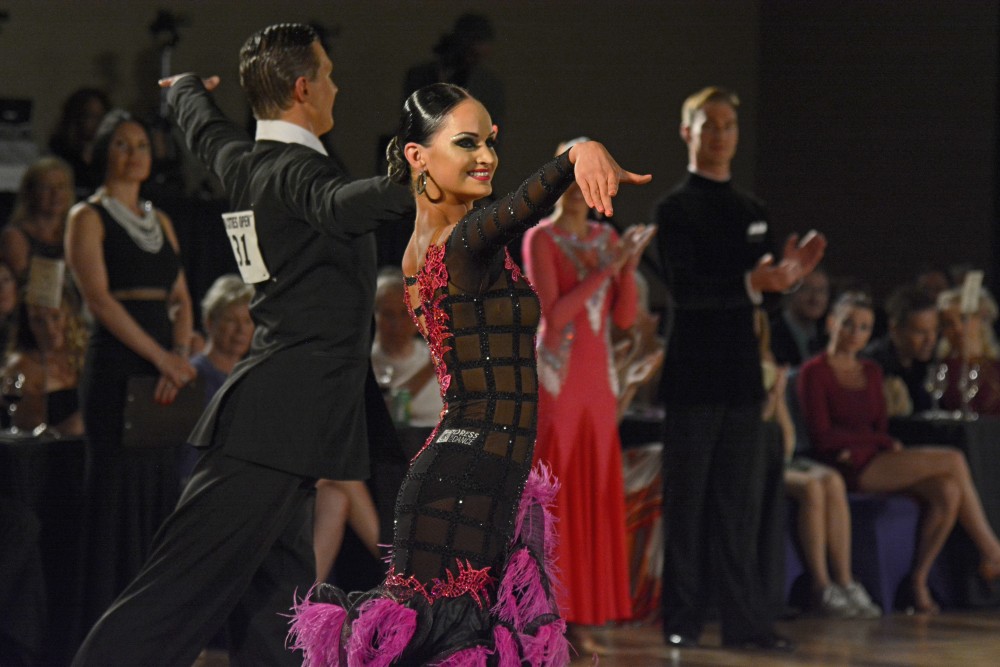 Anna Krasnoshapka performs during the professional open rhythm championship semi-final round at the Twin Cities Open Ballroom Championships at the Hyatt Regency in downtown Minneapolis on July 8, 2017. The competition hosted dancers from across the nation.