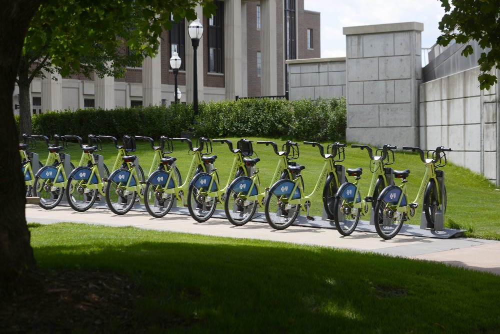 Nice Ride bikes standby for commuters outside of Coffman Memorial Union  on Friday, July 7.