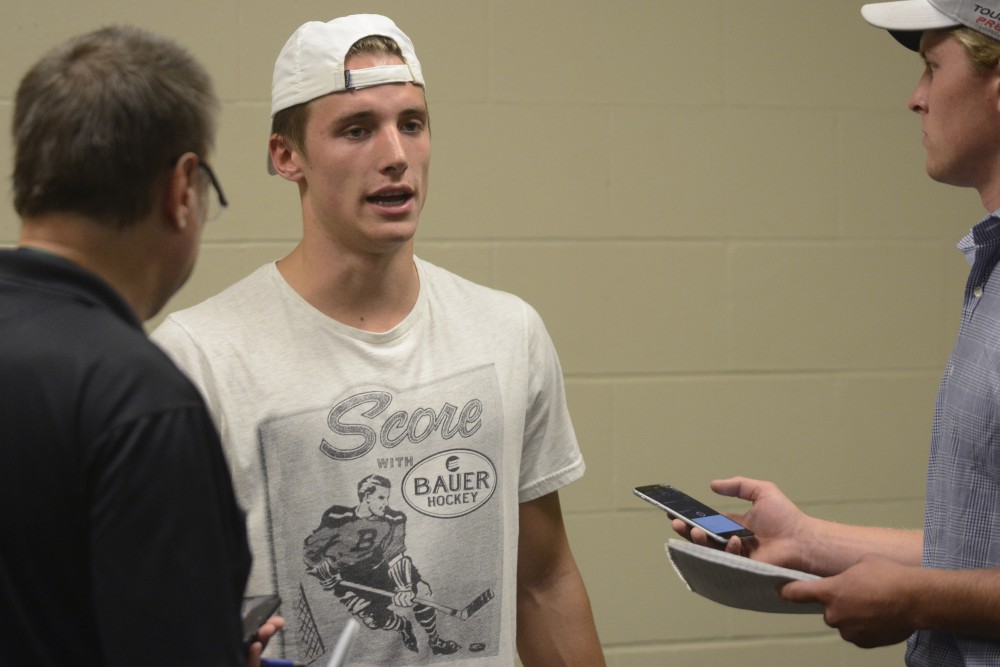 Jack Sadek fields questions from the media on Saturday, July 8, 2017 in the Excel Energy Center. The Minnesota Wild Development Camp is going from July 8 - 13.
