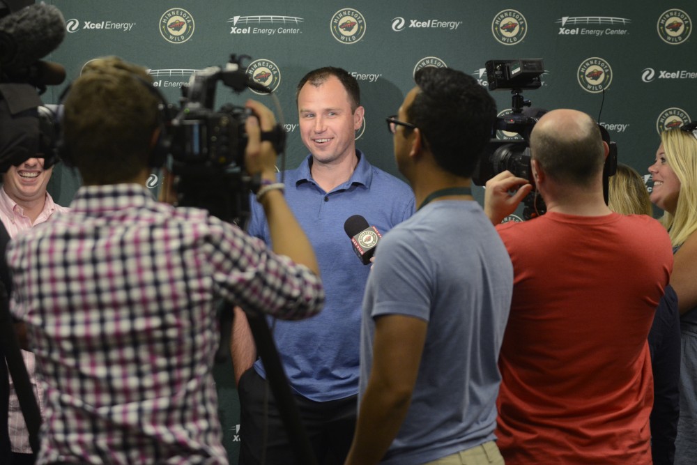 Brad Bombardir field questions from the media on Saturday, July 8, 2017 in the Excel Energy Center. The Minnesota Wild Development Camp is going from July 8 - 13.