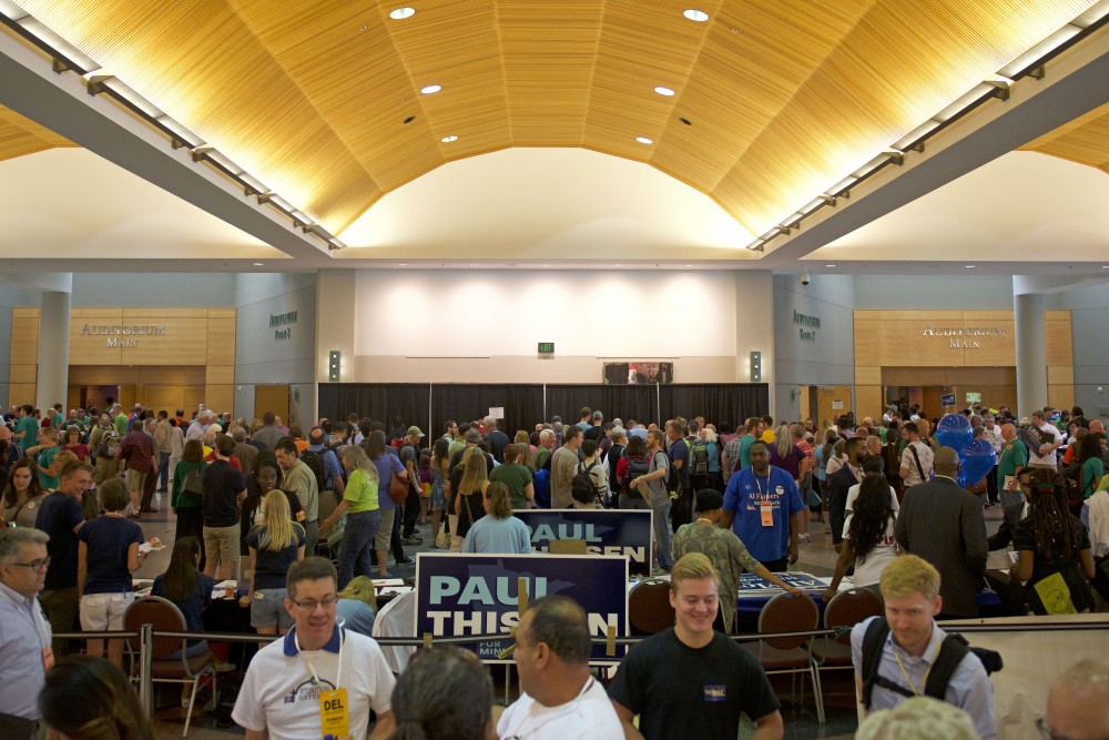 Delegates, alternate voters and supporters of all candidates converse before the Democratic-Farmer-Labor Partys 2017 City Convention Saturday, July 8 at the Minneapolis Convention Center. 