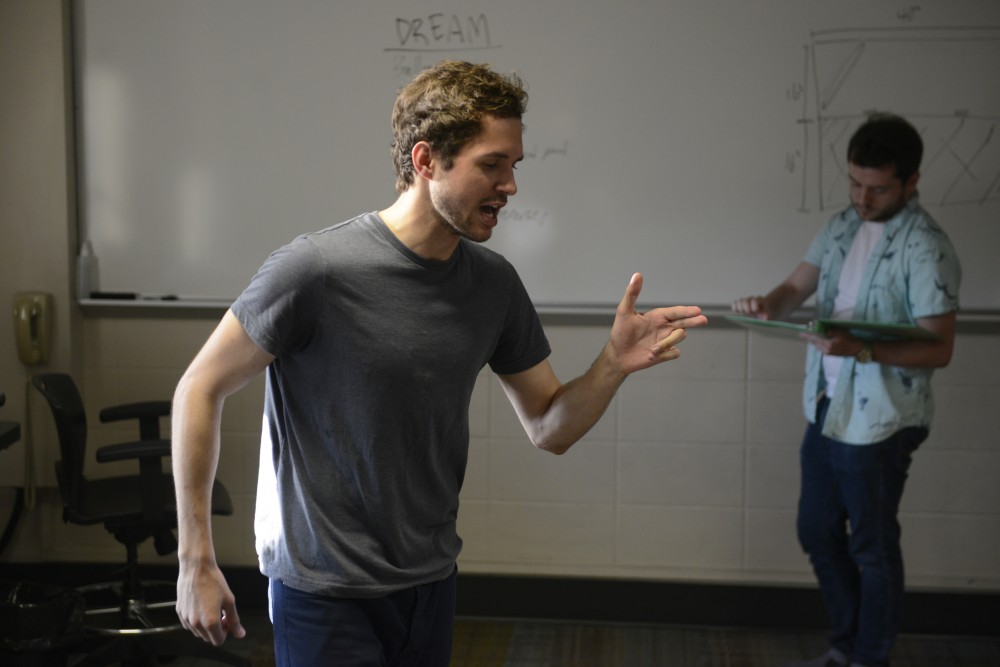 Andrew Friedman delivers a monologue during a rehearsal in Blegen Hall on Tuesday, July 11, for the upcoming Fringe Festival production Hot Air. 
