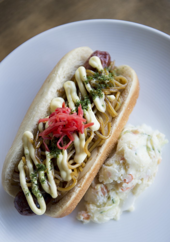 The Yakisoba Dog available at Kyatchi in Minneapolis. The dog is made of limousin beef, stir-fried soba noodles, onion, red ginger and Japanese mayo. 