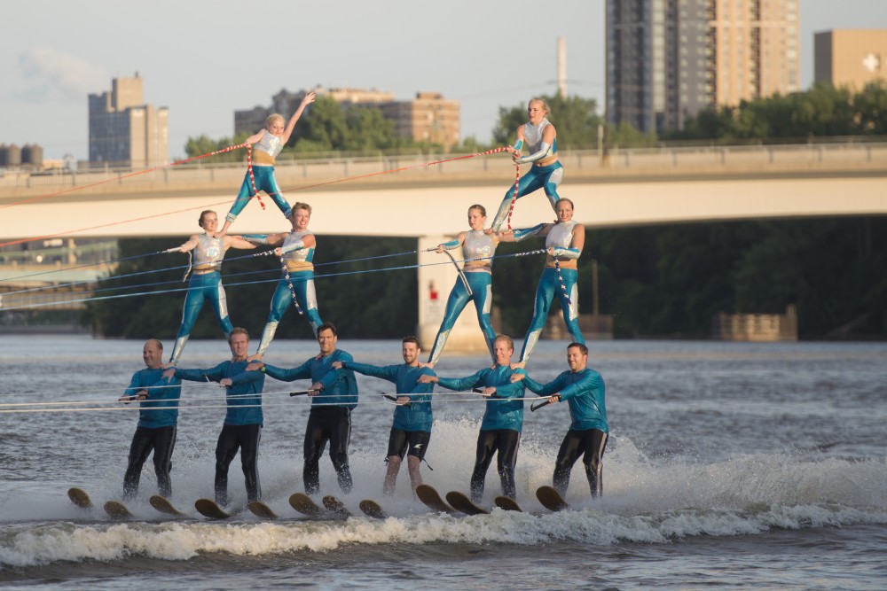 The River Rat Water Ski Show Team performs on the Mississippi River in Minneapolis on Fri. July, 2017. 
