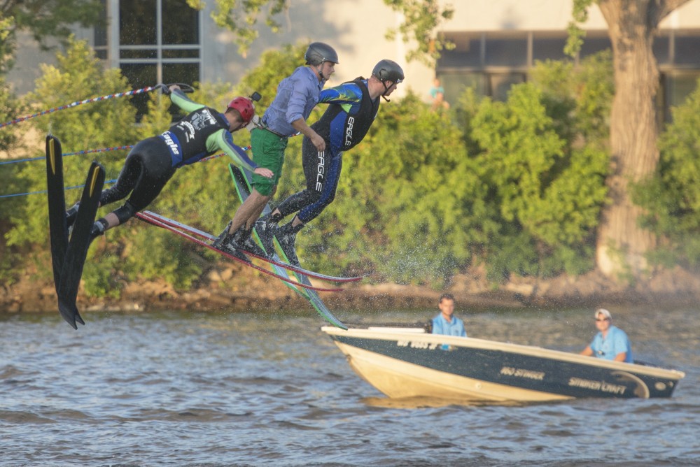 The River Rat Water Ski Show Team performs on the Mississippi River in Minneapolis on Fri. July, 2017. 