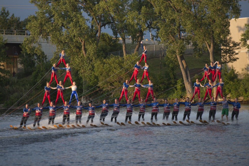 The show ends with a final event of thirty-six water skiers making up a human pyramid on the Mississippi River in Minneapolis on Fri. July, 2017. 