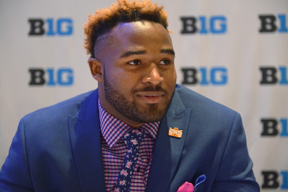 Defensive Back Steven Richardson fields questions from the media during the Big Ten media days event Tuesday at the McCormick Place Convention Center in Chicago.