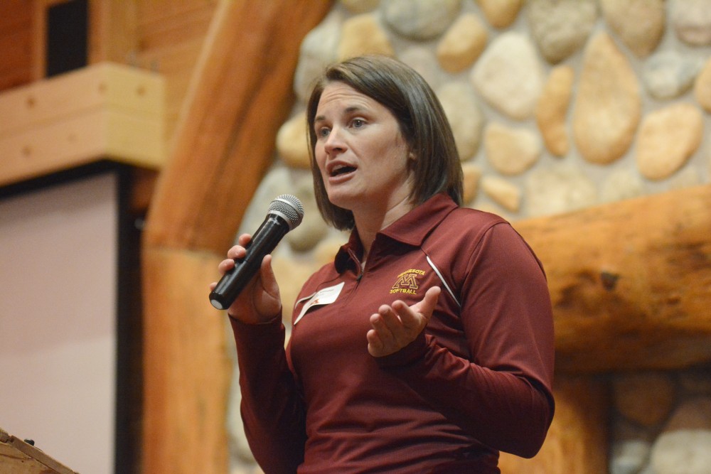 Jessica Allister speaks at the Grands at Mulligans in Sartell, MN on Wednesday, Jun. 7. Gophers Athletics staff traveled across state of Minnesota and visited 15 locations.