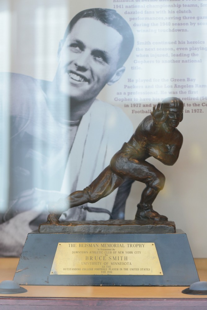 The Heisman award sits on display in Gibson/Nagurski Football Practice Facility on Wednesday, July 26. Halfback Bruce Smith won the award in 1941.