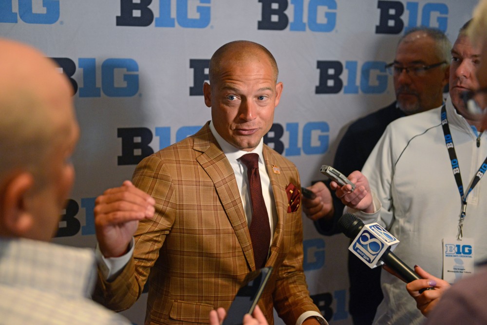 Head coach P.J. Fleck fields questions from the media during the Big Ten Media Days event Tuesday at the McCormick Place Convention Center in Chicago.