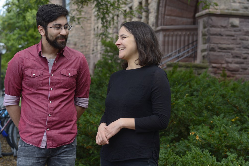 Arab Film Festival Director and UMN PhD Student Michelle Baroody poses for portraits with Program Coordinator Jordan Lee Thompson outside of Pillsbury Hall on Tuesday.