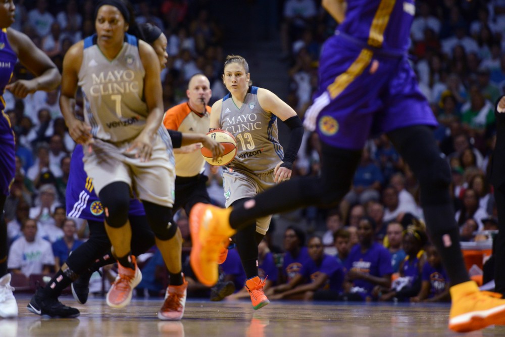 Lynx guard Lindsay Whalen dribbles the ball during the first game of the WNBA Finals at Williams Arena on Sunday, Sept. 24. The Lynx lost 85-84.