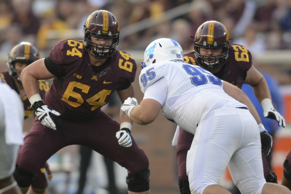 Offensive lineman Conner Olson prepares to block on Thursday, Aug. 31, 2017 at TCF Bank Stadium in Minneapolis, Minn. The Gophers beat Buffalo 17 to 7. 