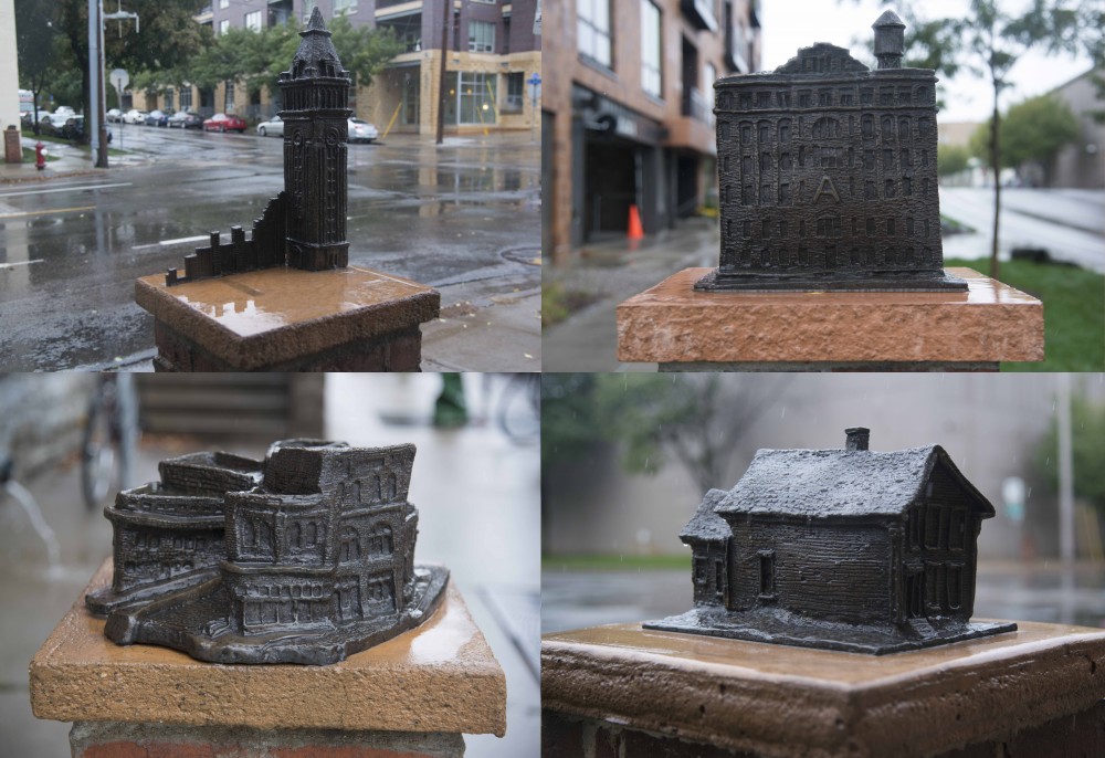 Examples of some of the work featured on the Creative Spark website. Aldo Moroni created bronze sculptures of many historical structures and sites in the Marcy-Holmes neighborhood, which stand near the Stone Arch Bridge on Sunday, Oct. 1. 