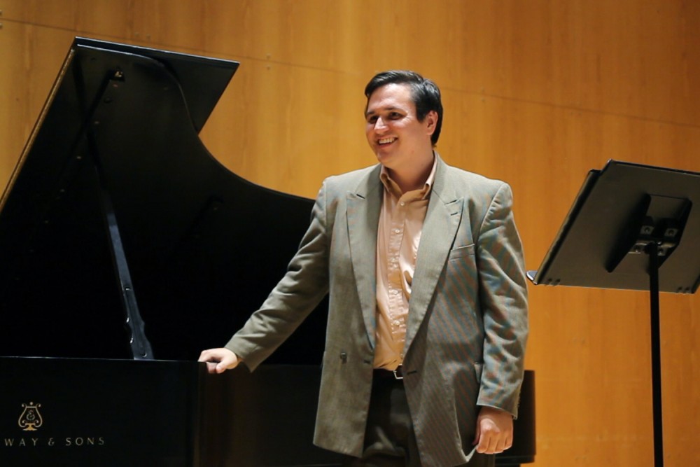 Graduate student Mario Perez receives instruction from special guest Thomas Muraco in the Lloyd Ultan Recital Hall on West Bank on Monday, Oct. 2.